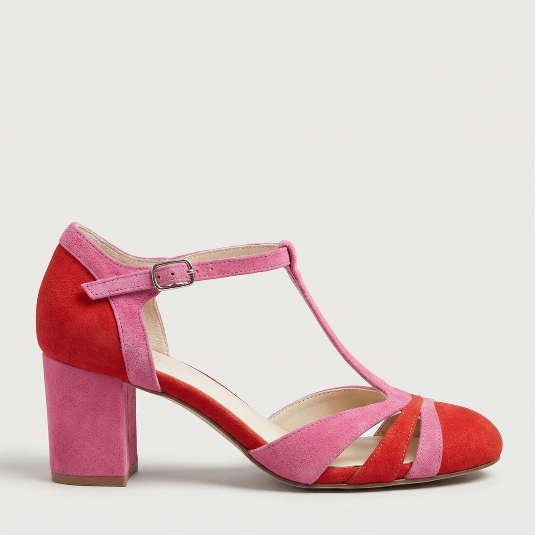 T Strap Cut Out Suede Block Heel Mary Jane Pumps