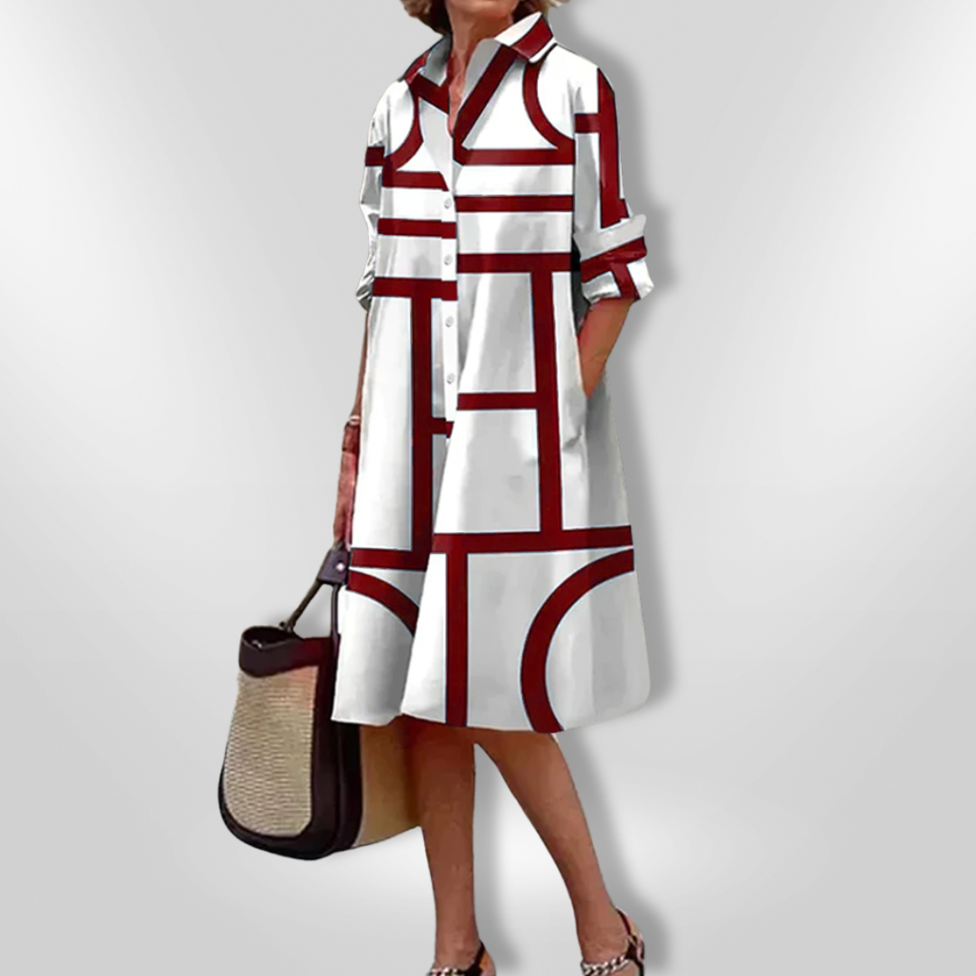 Geometric Print Collared Button Front A-Line Midi Shirt Dress