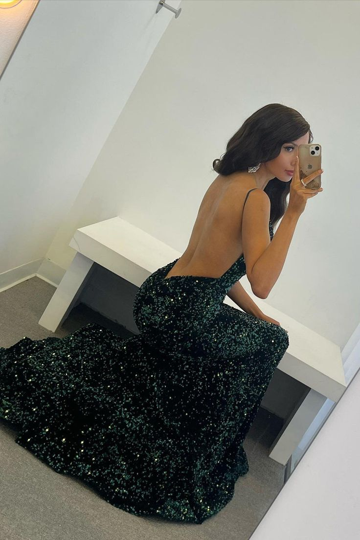 Dark Green Sequins Backless Mermaid Prom Dress cc849