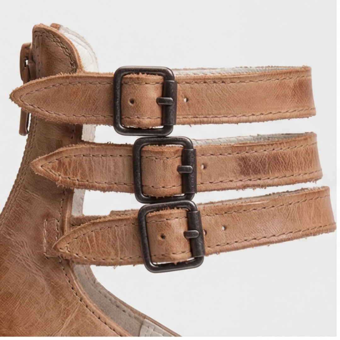 Round Toe Triple Ankle Strap Buckle Block Heel Pumps