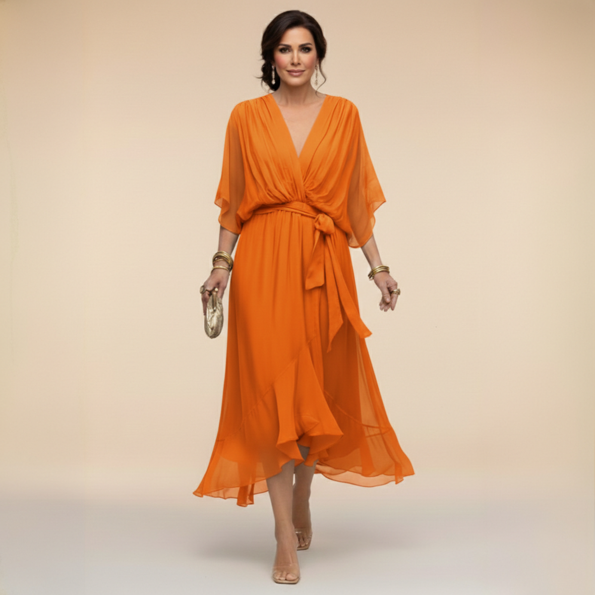 V-Neck Kimono Sleeve Belted Ruffle High Low Midi Dress