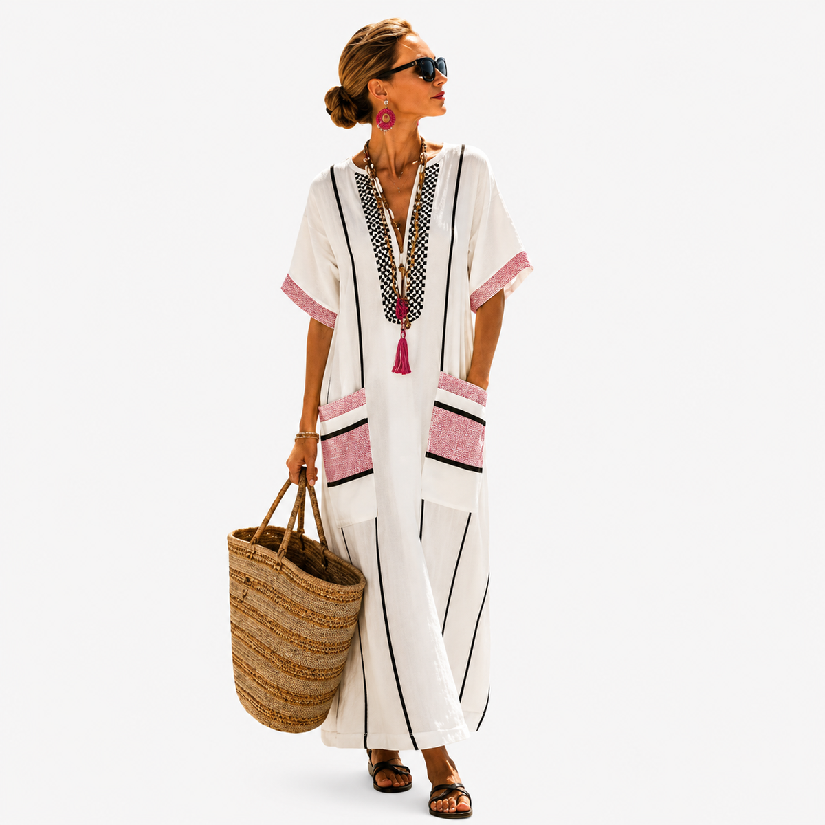 Embroidered V-Neck Tassel Trim Side Pocket Kaftan Maxi Dress