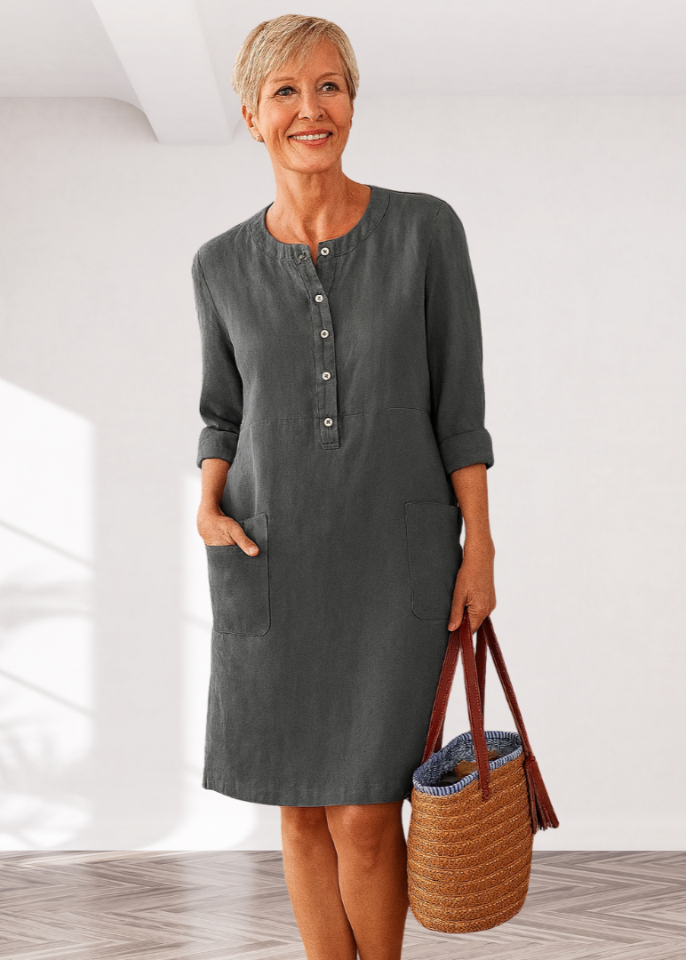 Linen Look Button Placket Long Sleeve Pocket Shift Dress