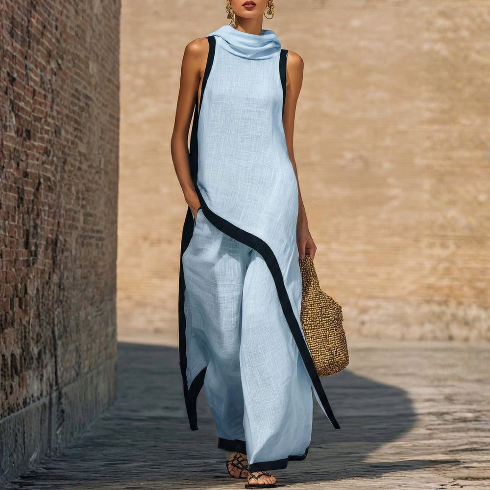 Contrast Trim Sleeveless Top and Wide Leg Pants Two Piece Set