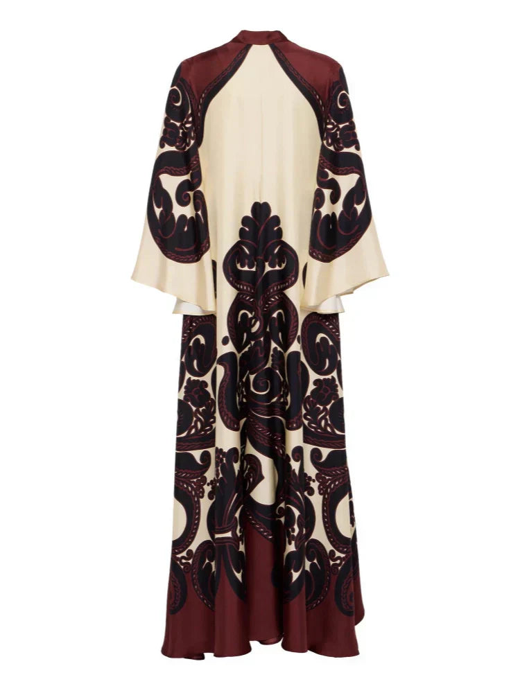 Scroll Print Satin Tie Neck Bell Sleeve A-Line Maxi Dress