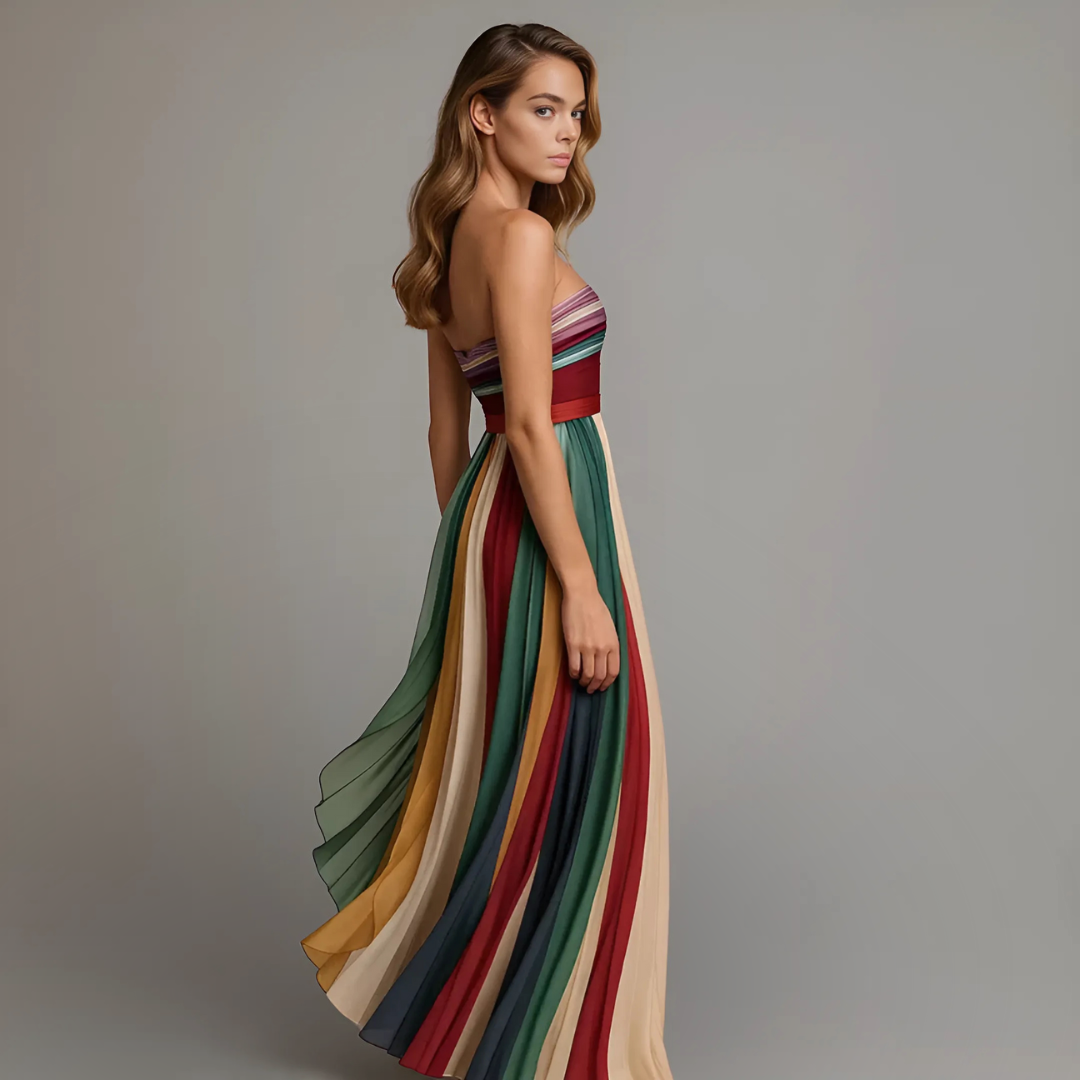 Striped Strapless Pleated Maxi Dress Party 3