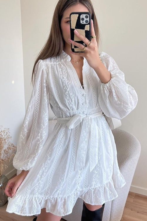 Crochet Lace Long Sleeve V-Neck Mini Dress - View 6