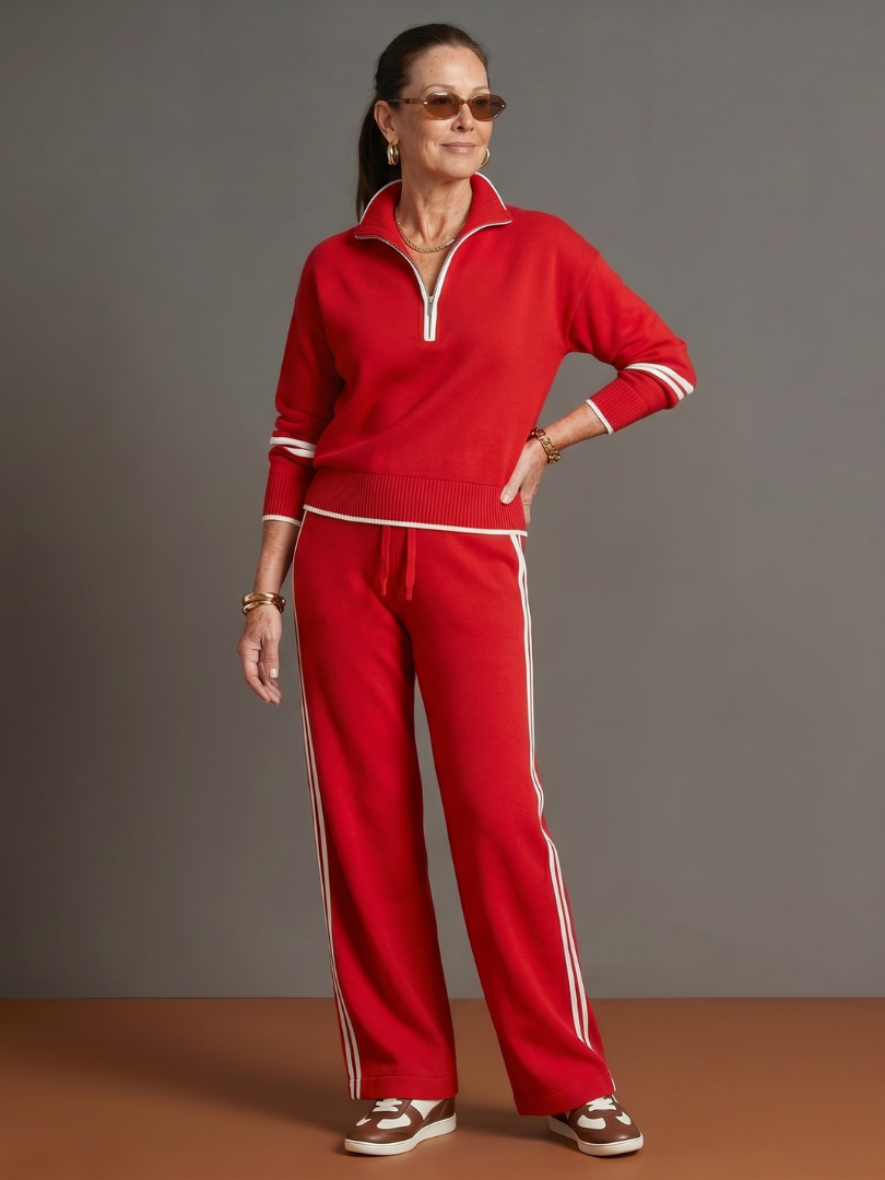 Quarter Zip Sweatshirt and Side Stripe Wide Leg Pants Two Piece Set