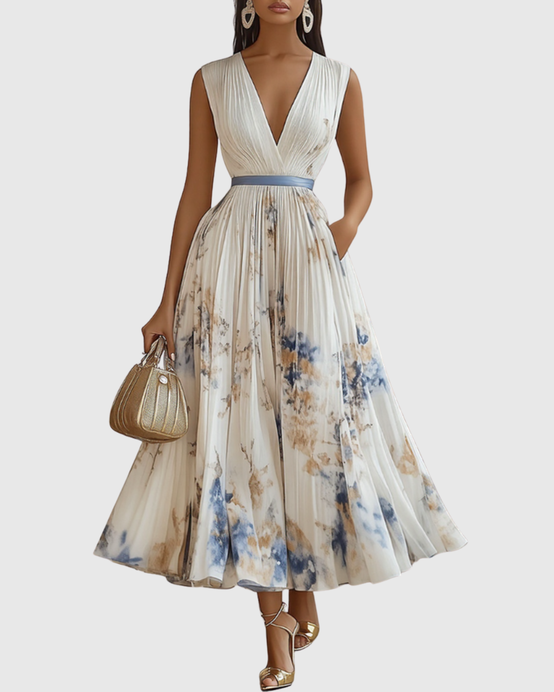 Floral Deep V-Neck Pleated Belted Midi Dress