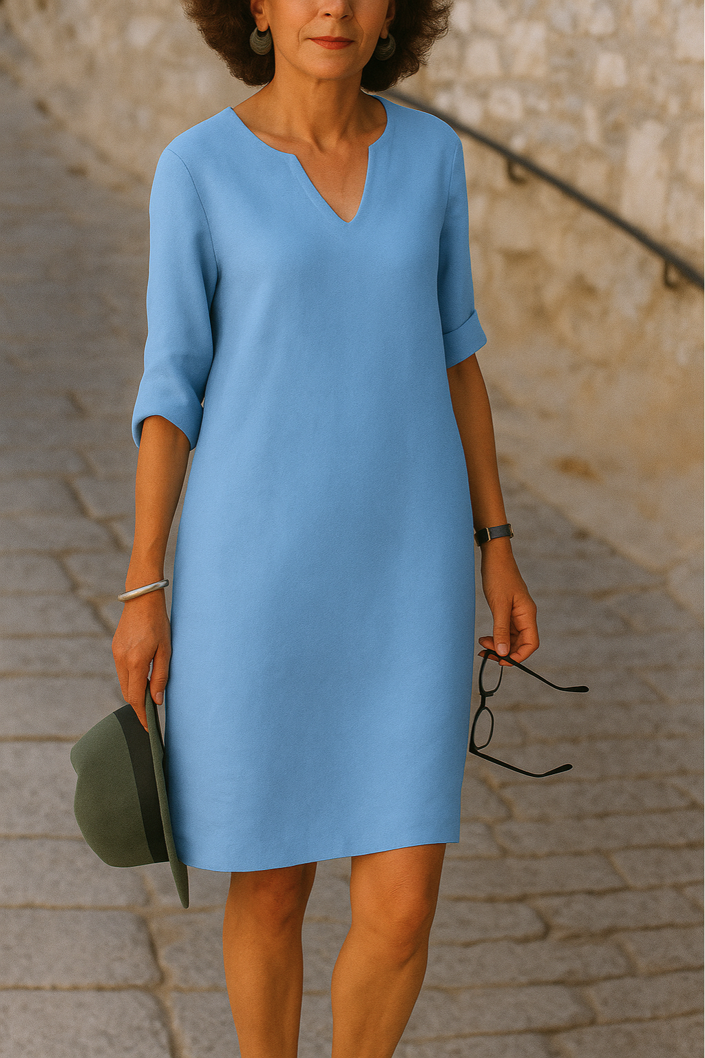 Notch V-Neck Roll Sleeve Shift Midi Dress