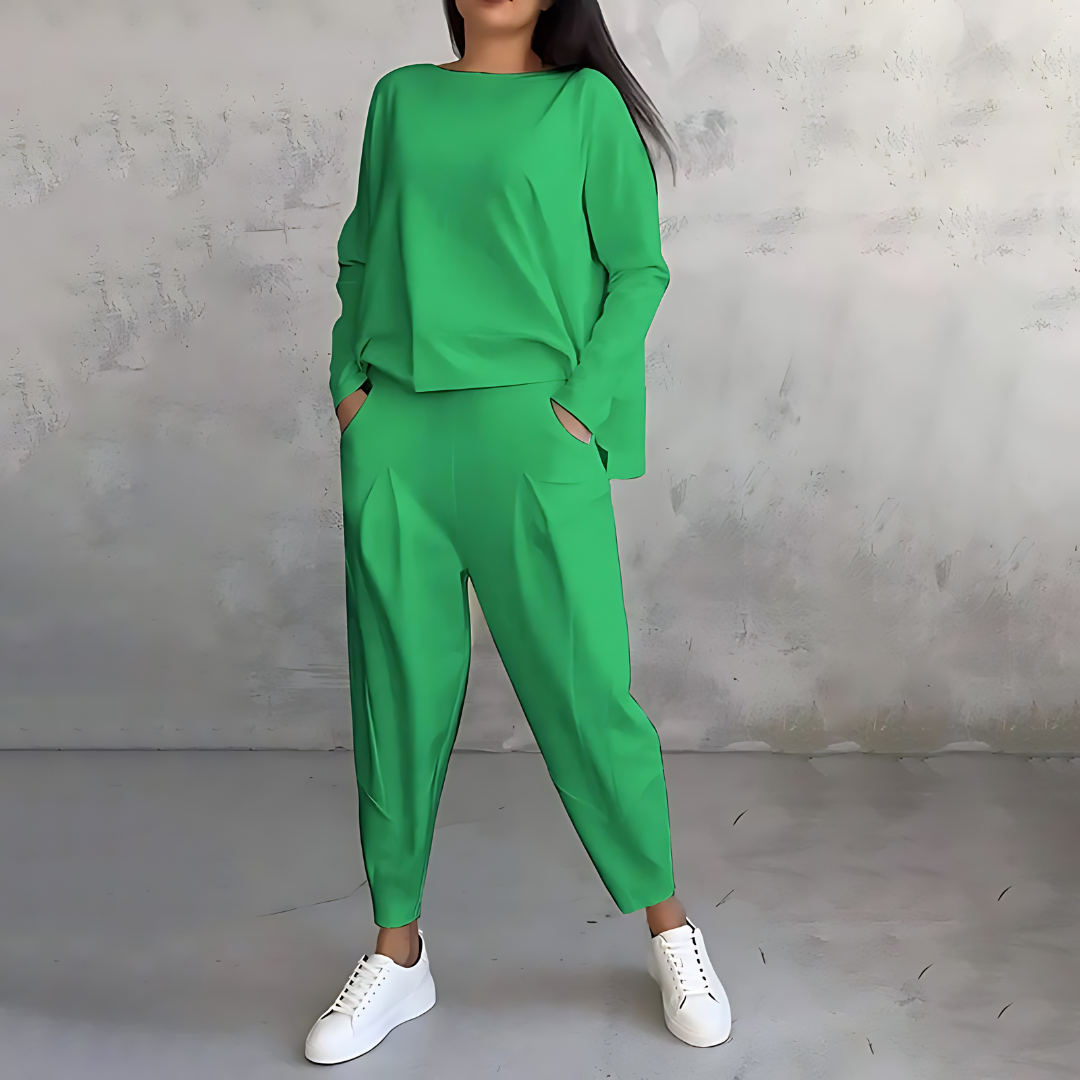Boat Neck Long Sleeve Top and Tapered Pants Two Piece Set
