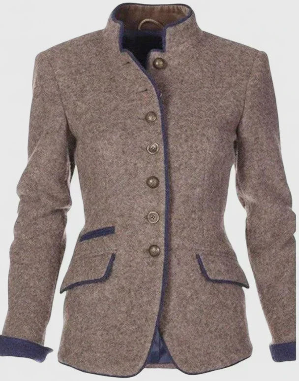 Stand Collar Contrast Trim Button Front Wool Blend Blazer