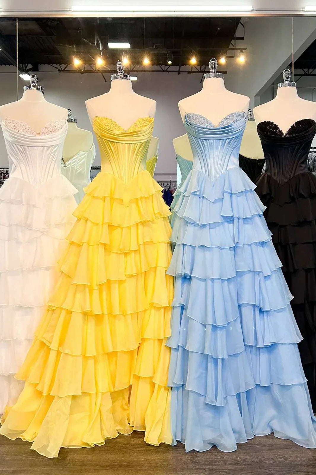 Lovely Yellow A-Line Sweetheart Long Tiered Prom Dress with Slit