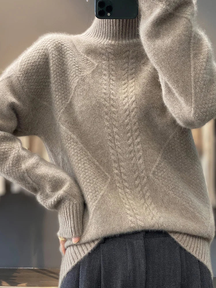 Mock Neck Long Sleeve Cable Knit Sweater