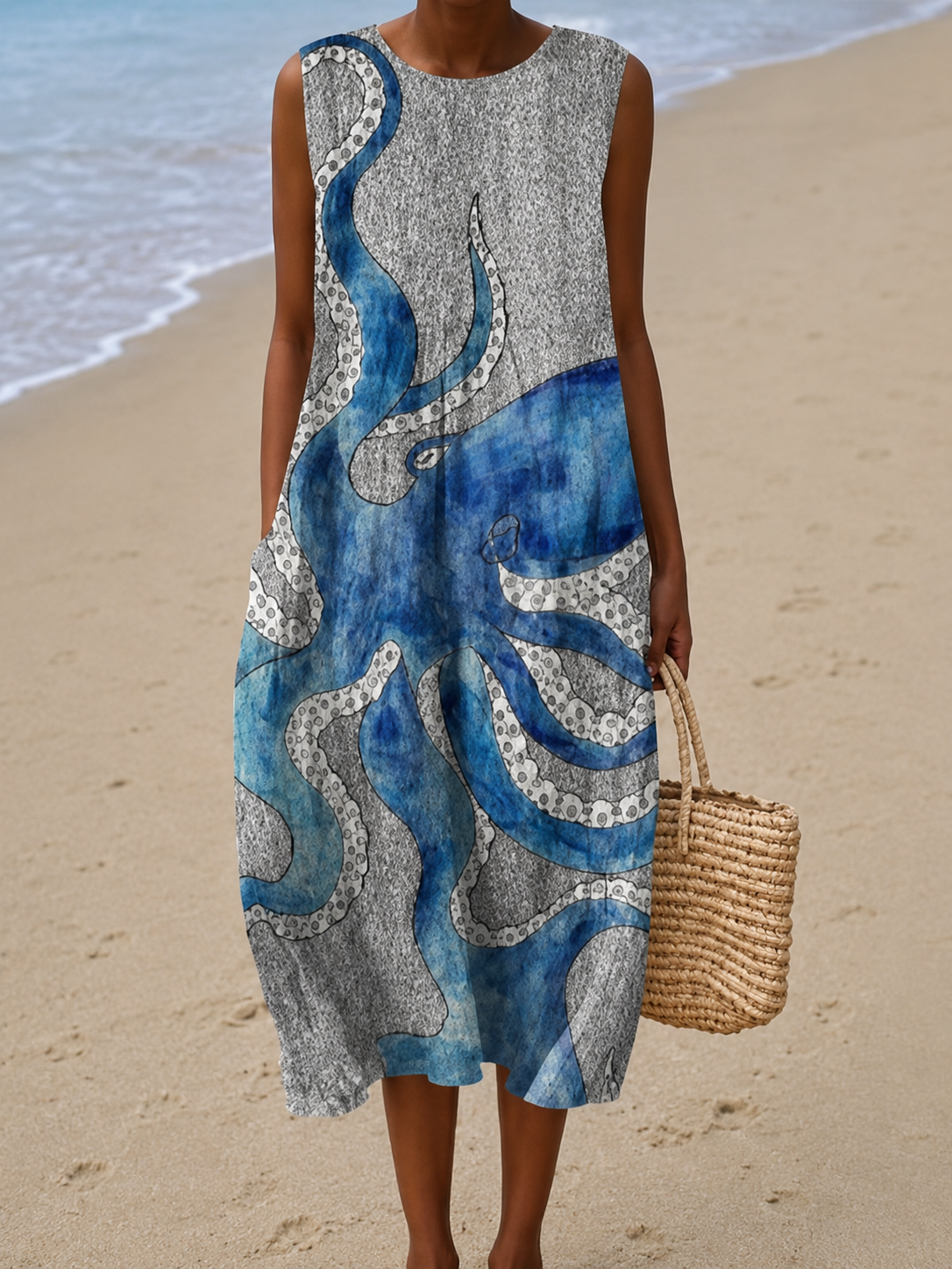 Octopus Print Round Neck Sleeveless Midi Dress
