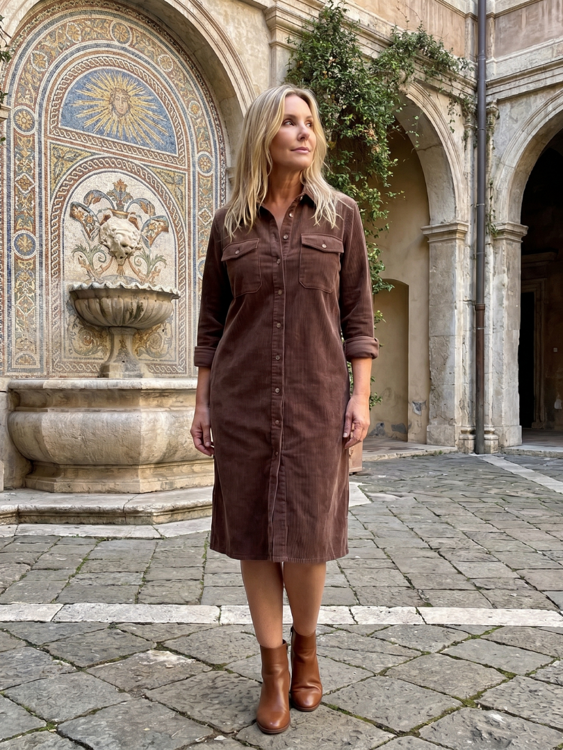 Long Sleeve Button Front Patch Pocket Corduroy Shirt Dress
