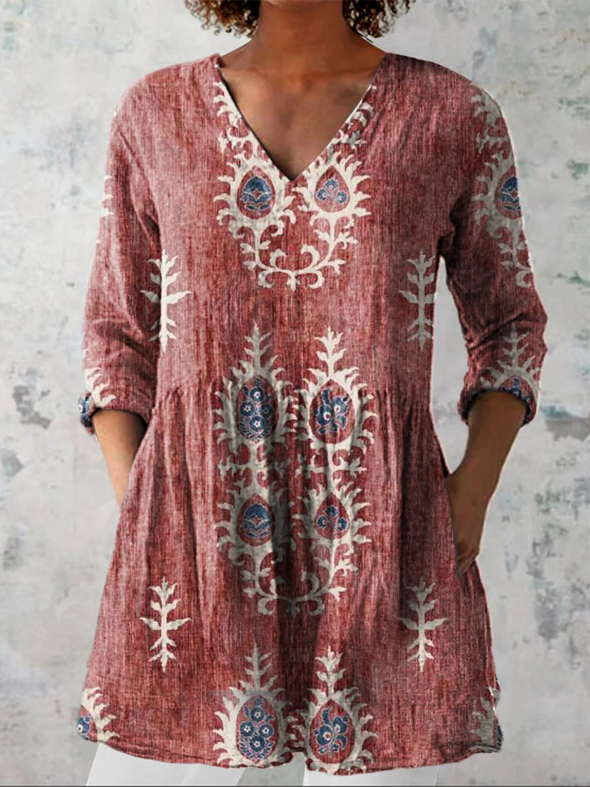 Floral Print V-Neck Long Sleeve Peplum Tunic Top