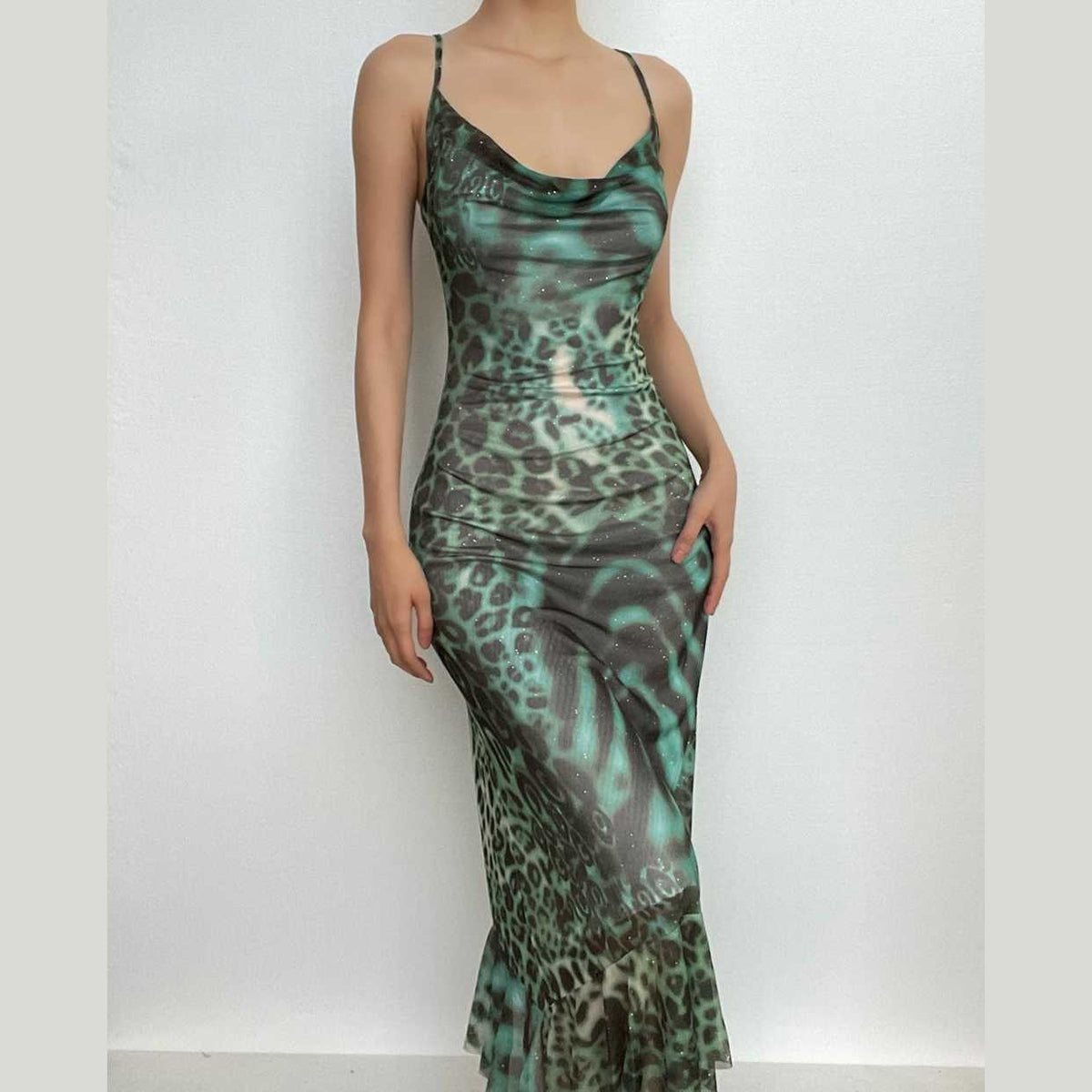Leopard Print Cowl Neck Spaghetti Strap Mesh Ruffle Hem Maxi Dress