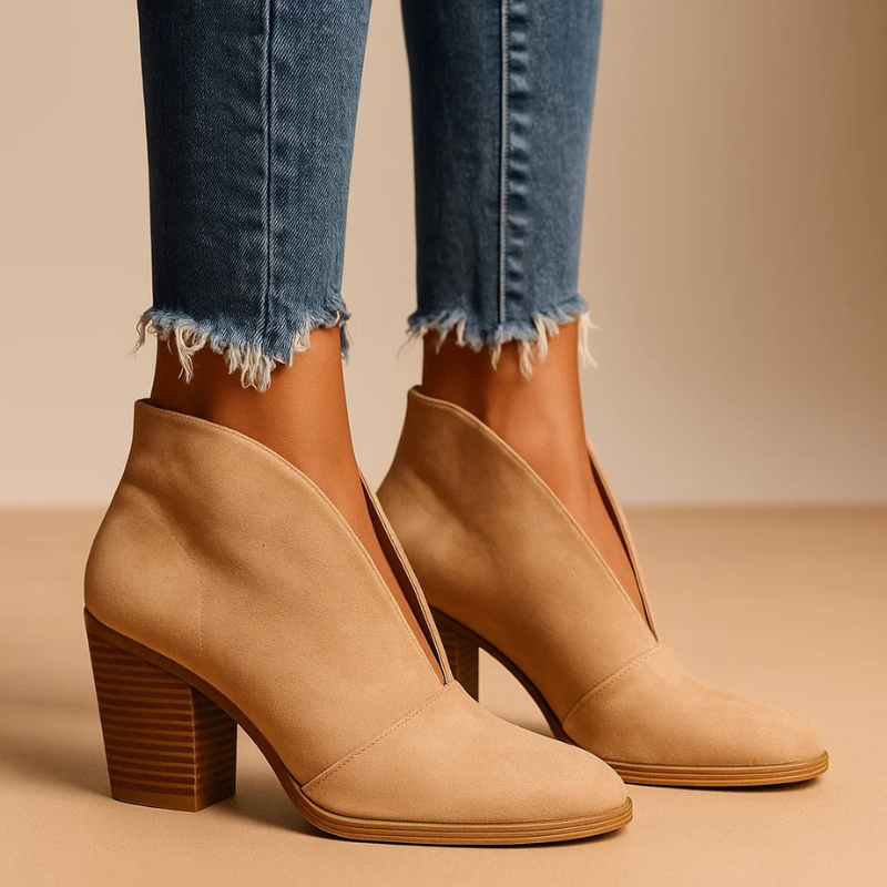 Pointed Toe Cut Out V Front Block Heel Ankle Boots