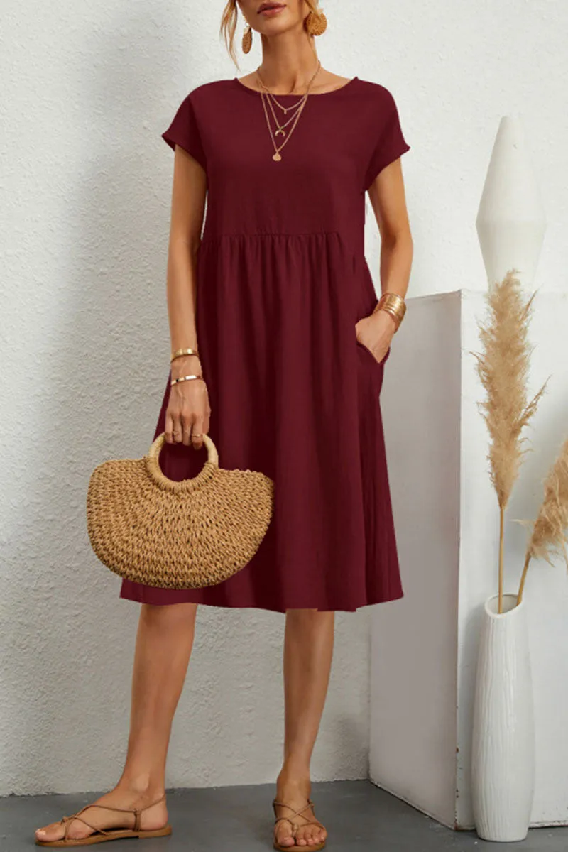 Linen Blend Print A-Line Short Sleeve Midi Dress
