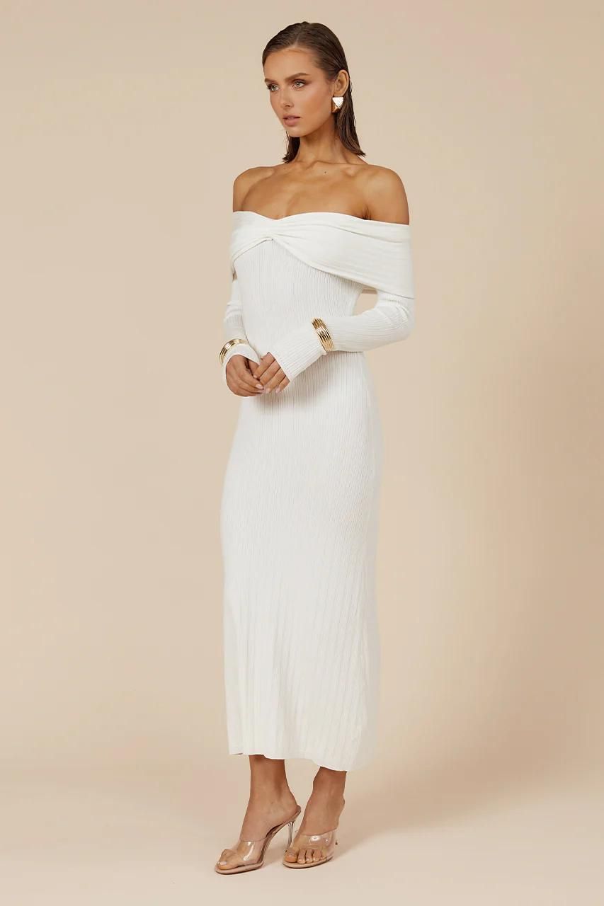 Off Shoulder Long Sleeve Ribbed Knit Twist Front Maxi Dress 10