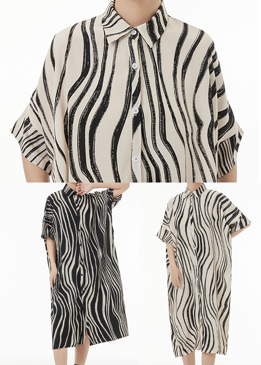 Oversized Button Front Short Sleeve Abstract Stripe Shirt Midi Dress