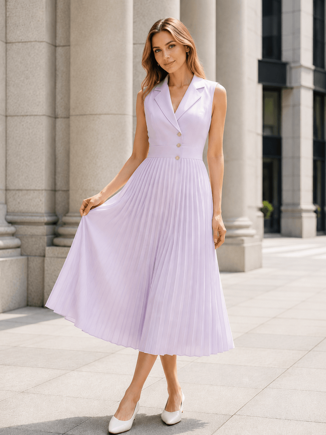 Ruched Ice Silk Lapel High Waist Work Dress