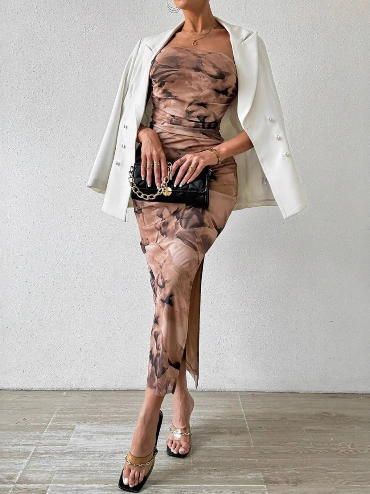 Abstract Print Strapless Ruched Bodycon Maxi Tube Dress 15