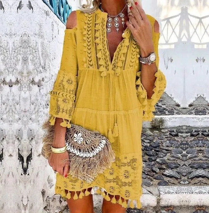 Deep V-Neck Tassel Trim Lace Insert Bell Sleeve Tiered Drawstring Dress