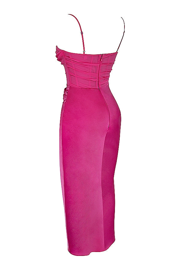 Satin Ruched Corset Bodice Cami Bodycon Midi Dress 12