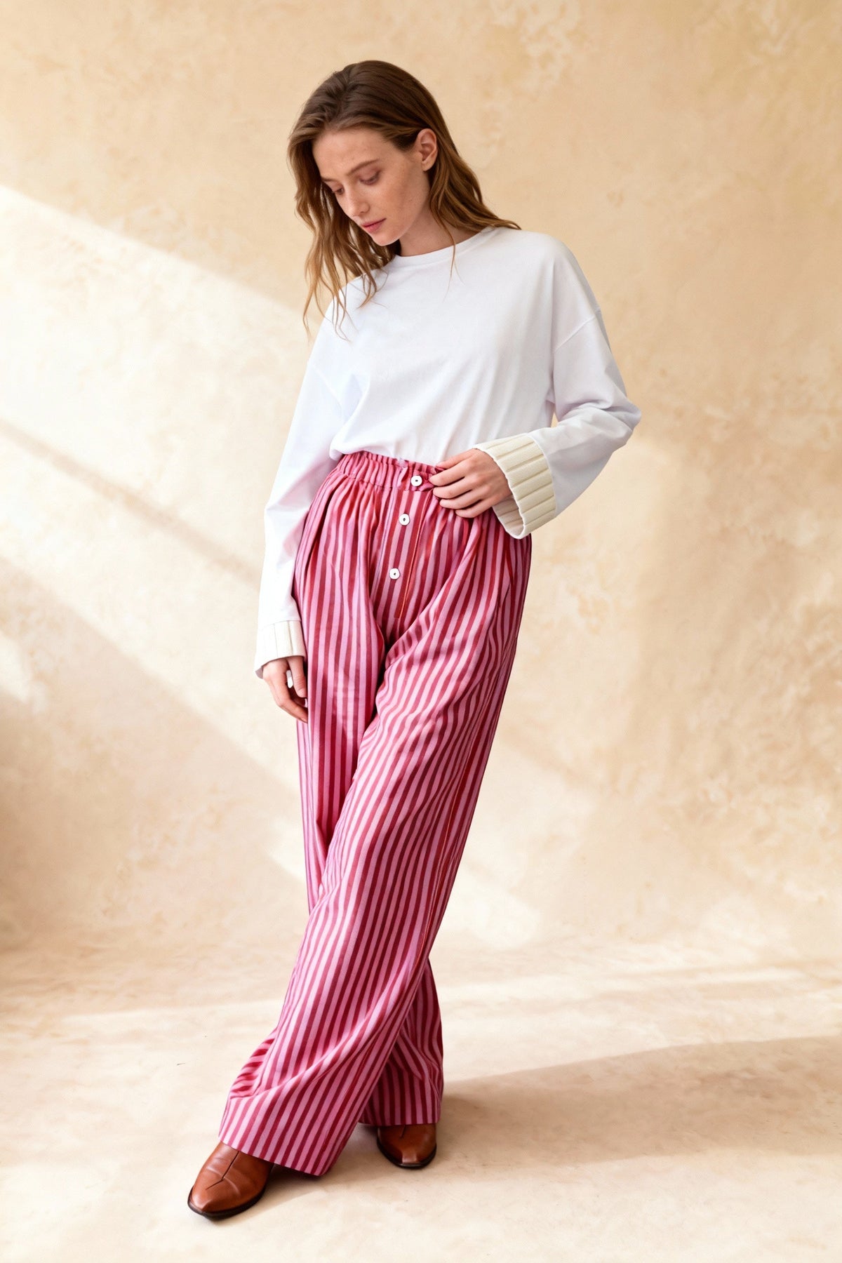 Striped Elastic Waist Button Front Wide Leg Pants 4