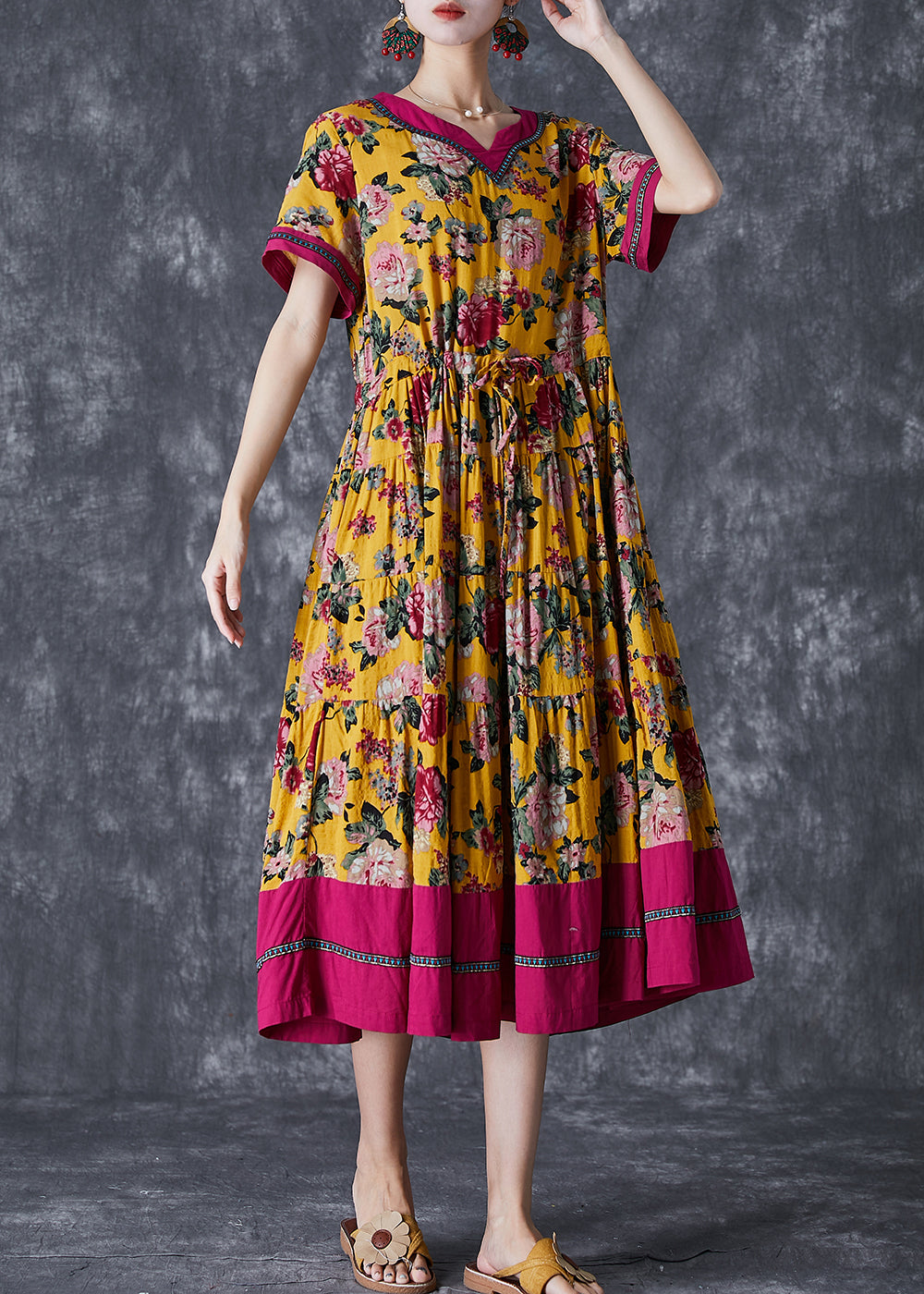 Floral Print V-Neck Contrast Trim Short Sleeve Drawstring Waist Tiered Midi Dress