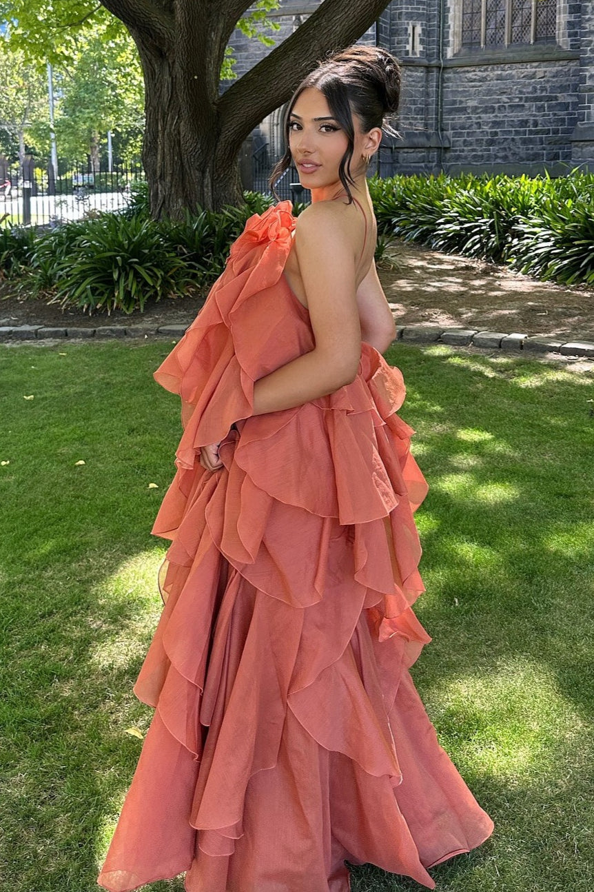3D Floral Halter Neck Tiered Ruffle Maxi Gown