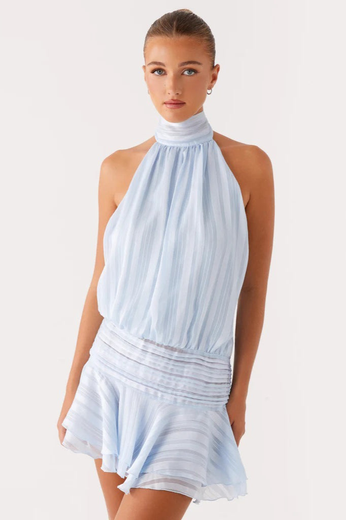 Satin Halter Neck Ruched Ruffle Hem Mini Dress