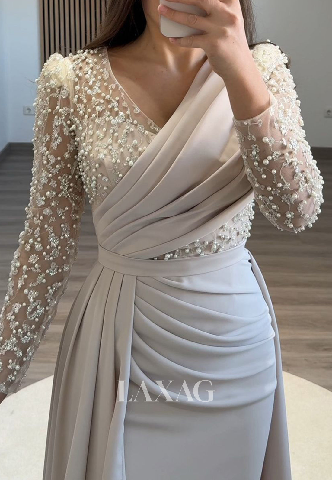 V-Neck Long Sleeves Mermaid Prom Dress Beaded Pleated Chiffon Formal Fowns with Overskirt