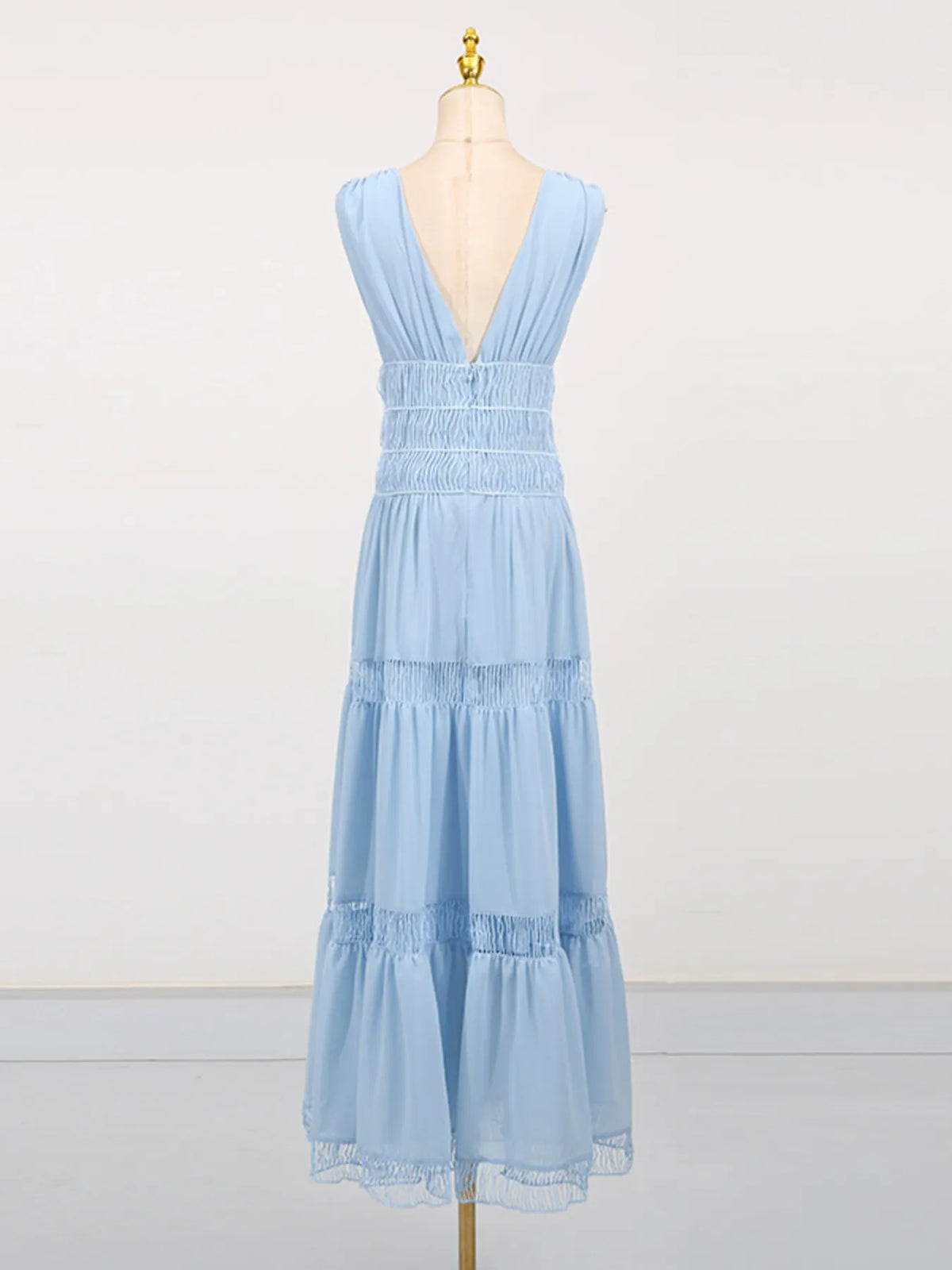 Deep V-Neck Sleeveless Smocked Waist Ladder Trim Tiered Maxi Dress 12