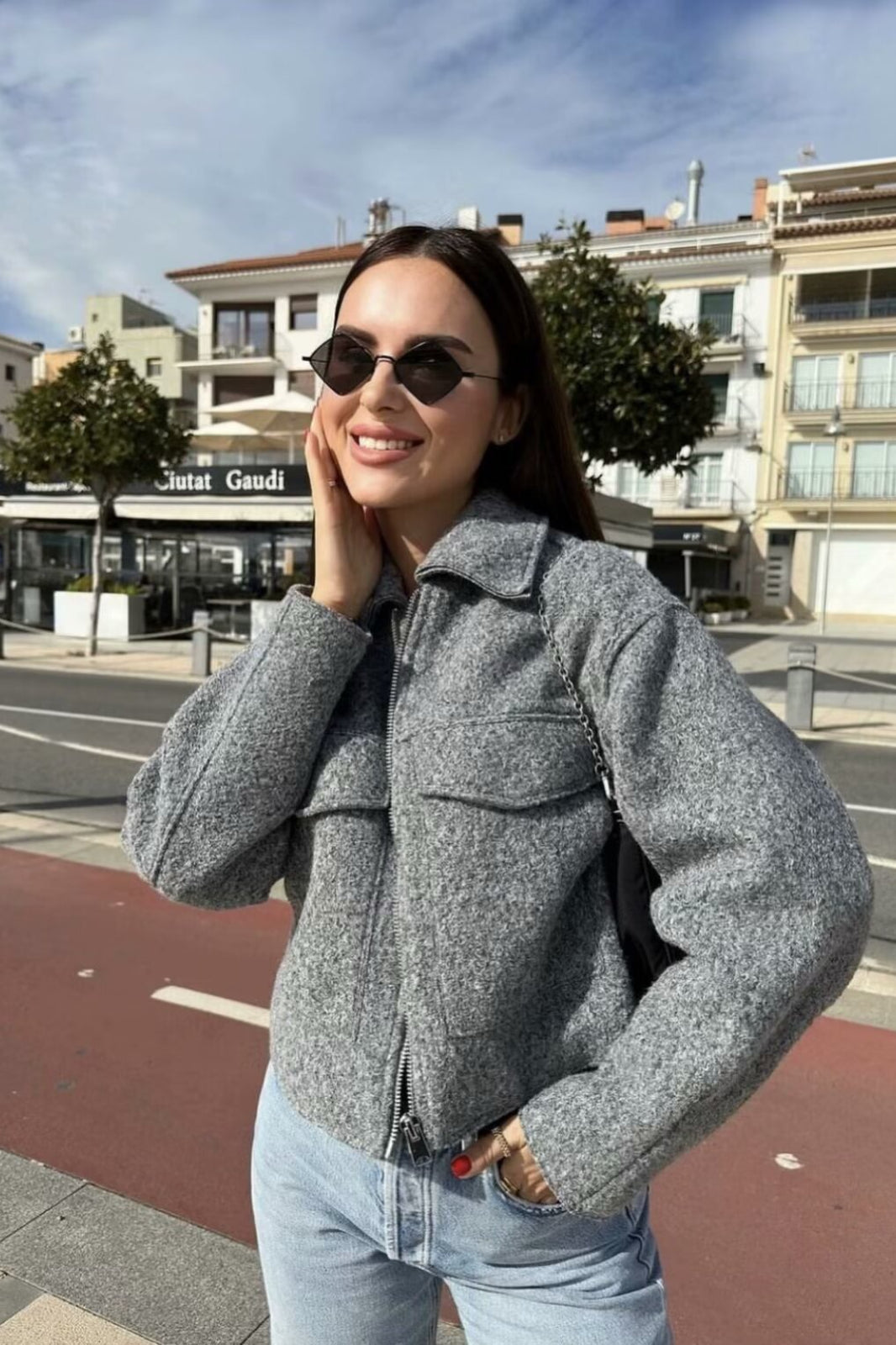 Cropped Boucle Zip Front Jacket