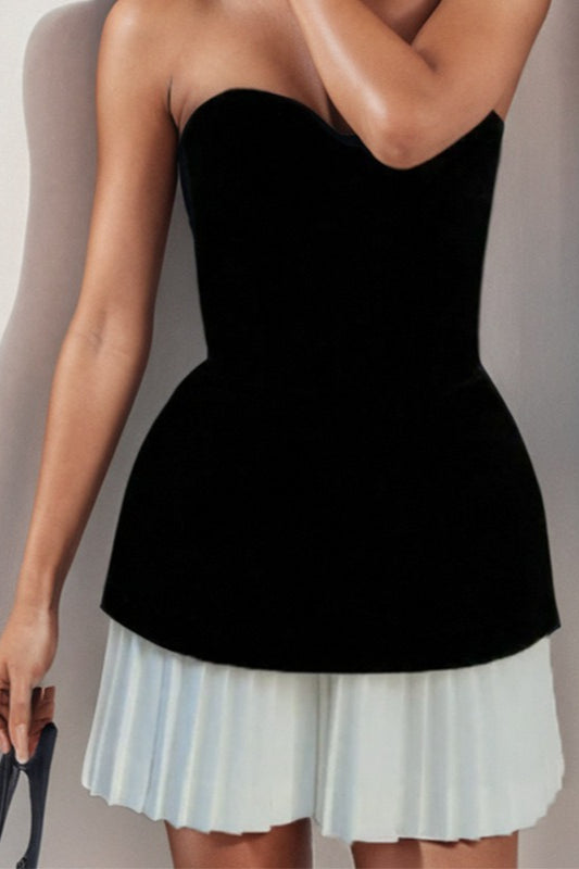 Velvet Strapless Sweetheart Bustier Pleated Ruffle Hem Mini Cocktail Dress