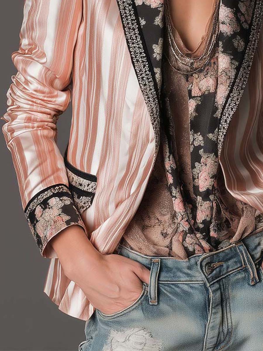 Striped Satin Floral Contrast Lapel Blazer