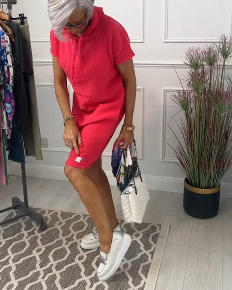 Hooded Drawstring Short Sleeve Knee Length Shift Dress