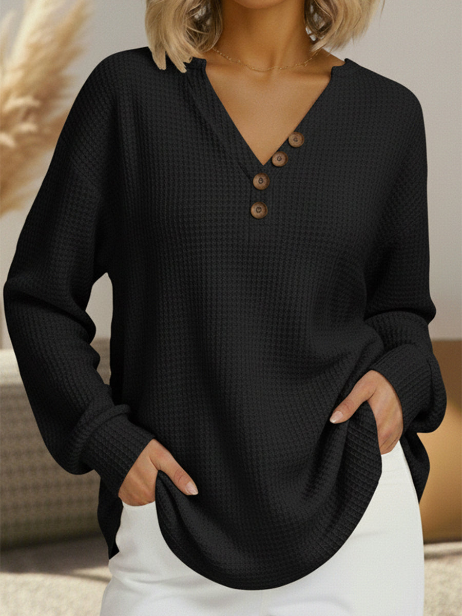 Waffle Knit V-Neck Button Front Long Sleeve Top