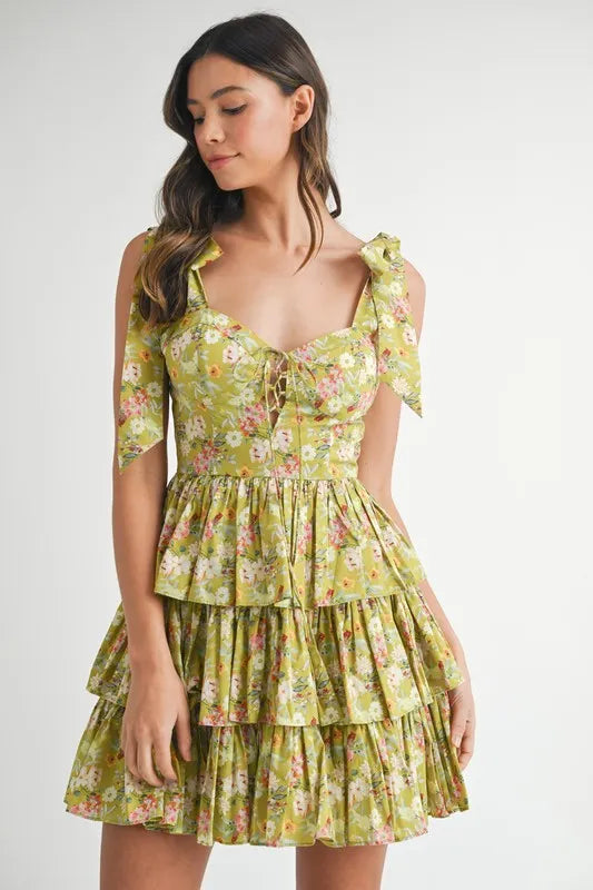MABLE Floral Print Shoulder Tie Layered Mini Dress
