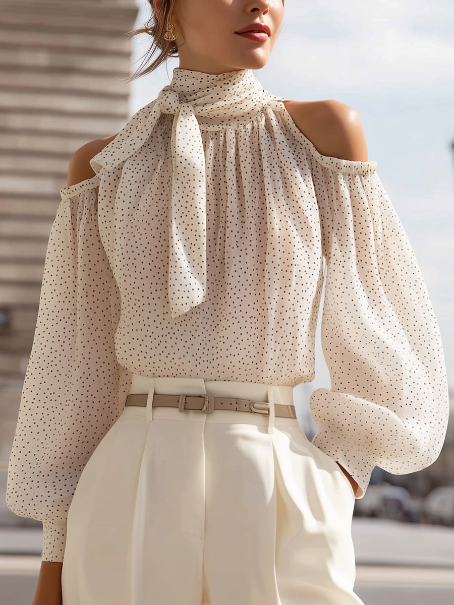Polka Dot Cold Shoulder Scarf Tie Long Sleeve Blouse