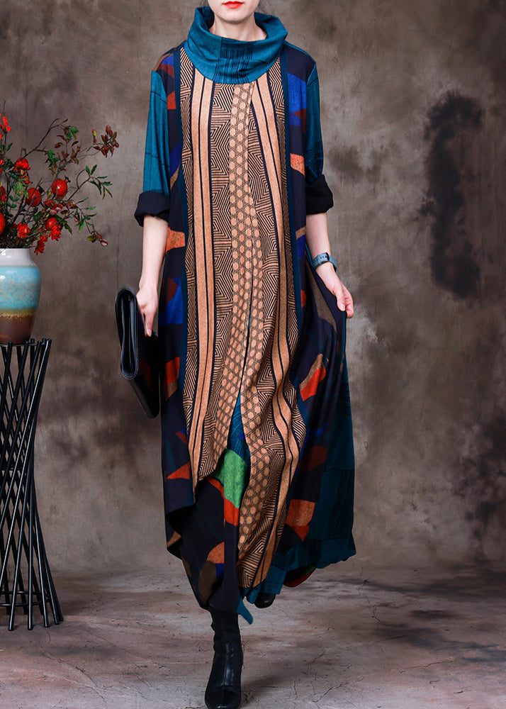 Geometric Patchwork Cowl Neck Long Sleeve Asymmetric Hem Oversized Maxi Dress