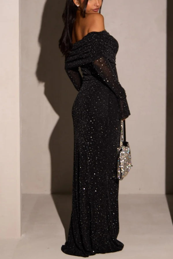 Sequin Off Shoulder Long Sleeve Ruched Bodycon Maxi Dress