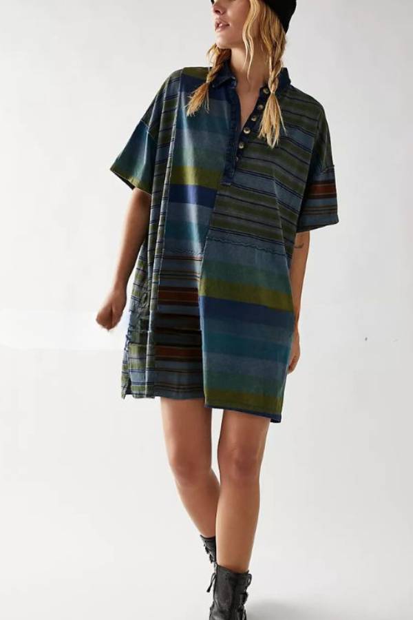 Tatiana Effortless Casual Dress with Mediumength Sleeves, Lapels and Contrasting Stripes Premium Wardrobe Essential