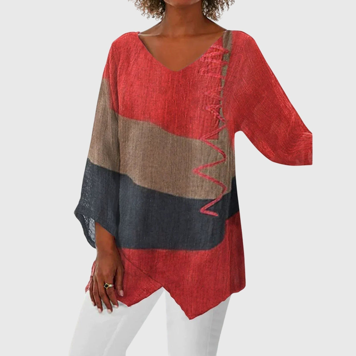 Colorblock V-Neck Long Sleeve Asymmetric Tunic Top