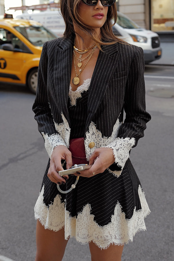 Pinstripe V-Neck Long Sleeve Lace Trim Blazer Mini Two Piece Set