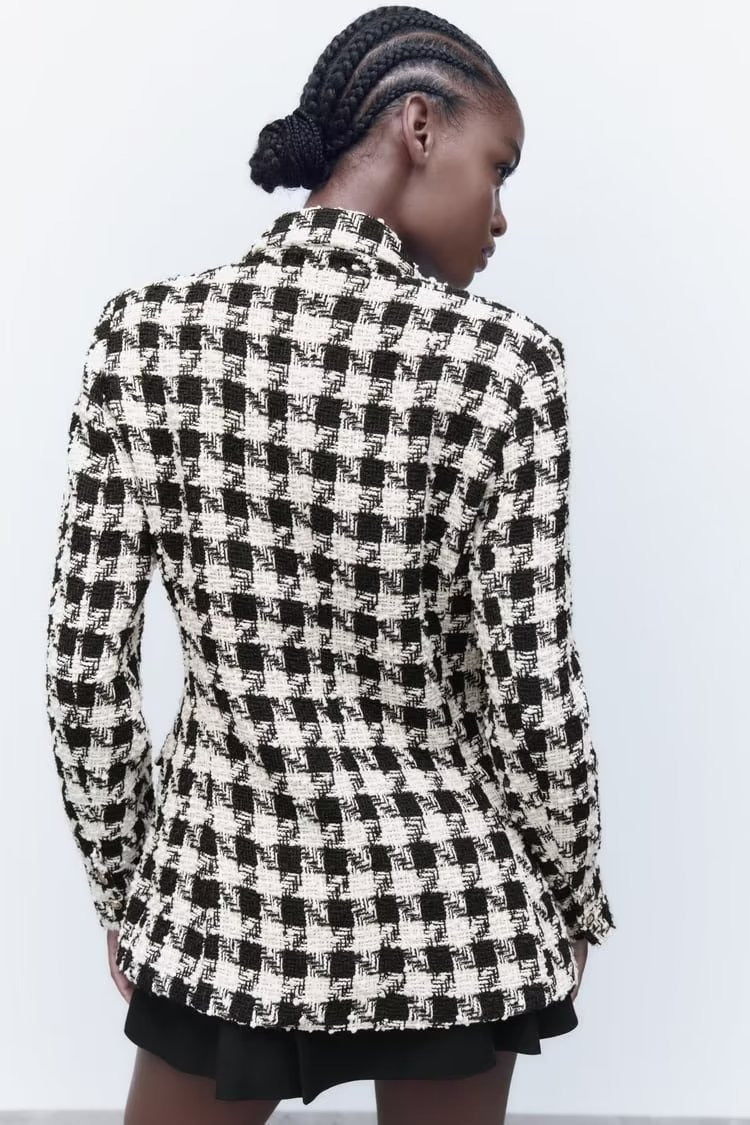 Tweed Check Double Breasted Peak Lapel Frayed Trim Blazer 3