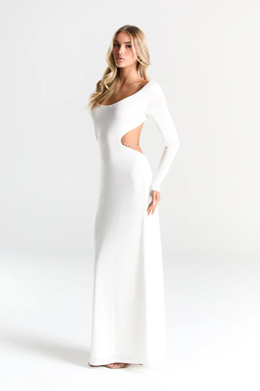 Knit Scoop Neck Long Sleeve Waist Cut Out Chain Link Maxi Party Dress